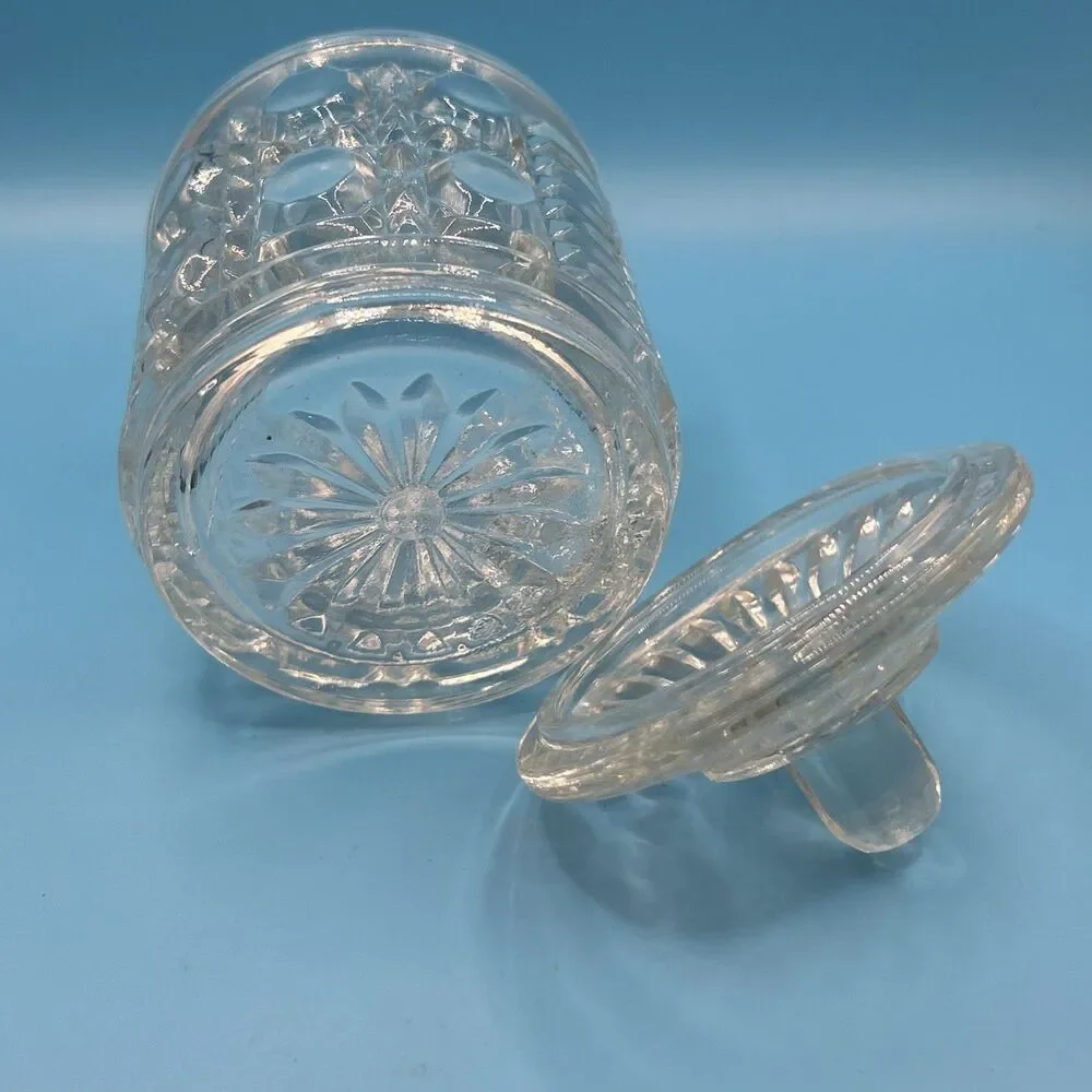 Federal Clear Glass Windsor Cane & Button Sugar Bowl with Lid &Grove for a Spoon